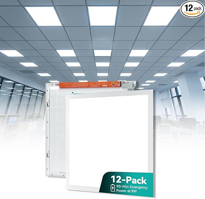12-Pack 2x2 LED Flat Panel Light with Emergency Battery Backup, 90-Min Emergency Mode at 8W, 20W/30W/40W Wattage Switchable, 3000K/4000K/5000K Selectable, 100-277V, 0-10V Dimmable, UL & ETL