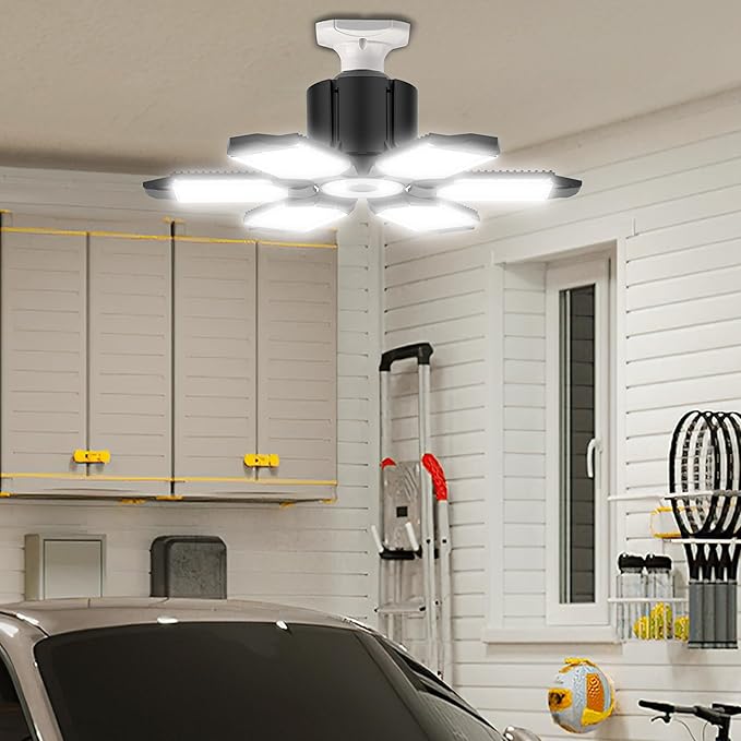 BRAINIAC 100W LED Garage Lights, 10000LM Super Bright Shop Lights with 6 Adjustable Panels, Deformable Garage Ceiling Light Bulb for Workshop, Barn, Basement, Warehouse (2 Pack