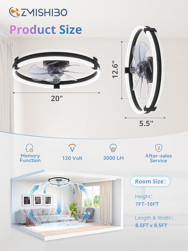 ZMISHIBO 20" RGB Low Profile Ceiling Fans with Lights and Remote, Black | Custom RGB+3CCT Dimmable, 6 Speeds, Remote/App Control, Reversible DC Motor, Memory, Timer, Modern Fandelier for Kids/Bedroom