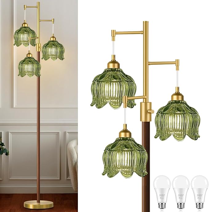 Vintage Floor Lamps for Living Room Bedroom-Wood Dimmable Floor Lamp with Glass Lampshape, Flower Modern Mid Century Standing Lamp Green Tall Tree Floor Lamp for Bedroom Corner