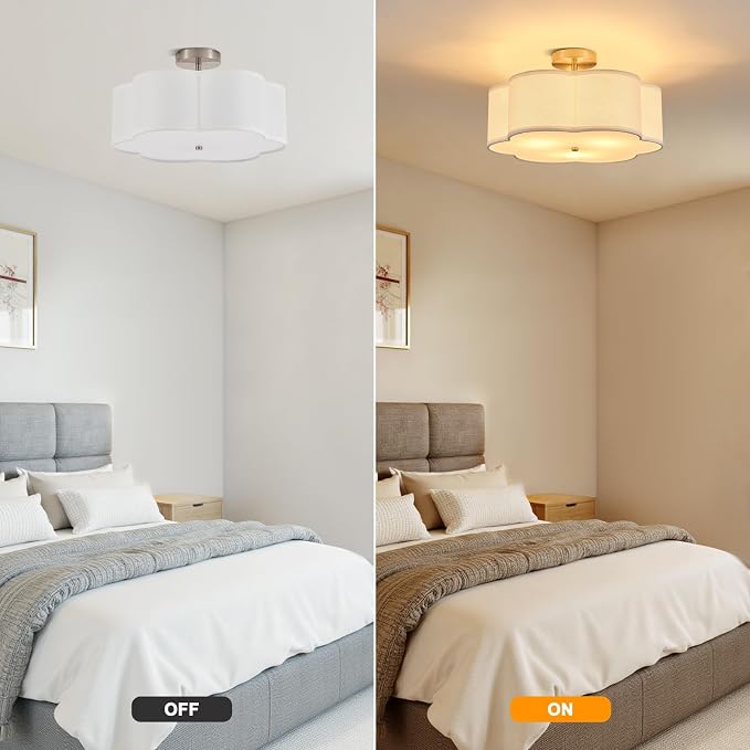 18" Chrome Semi Flush Mount Ceiling Light, 3-Light Petal Fixture | White Beige Linen Petal Shade, Modern Chrome Style For Bedroom, Living, Kitchen And Nursery; Close-To-Ceiling, E26, Dimmable