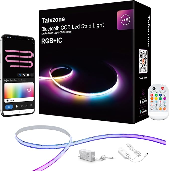 Tatazone 32.8ft Bluetooth RGB+IC COB Led Strip Light with App, Chasing COB Light Strip, Segmented Control, Music Sync, Color Changing Led Lights for Home Decor, Gaming, Cabinet, Desk
