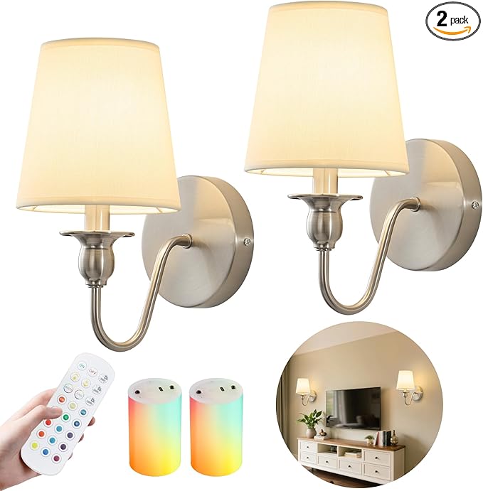 Battery Operated Wall Sconces set of Two,Rechargeable Wall Sconce with 1000mAh Dimmable Bulb and Remote,LED 15 Colors Wireless Battery Powered Wall Sconce with Fabric for Bedroom Living Room (Nickel)