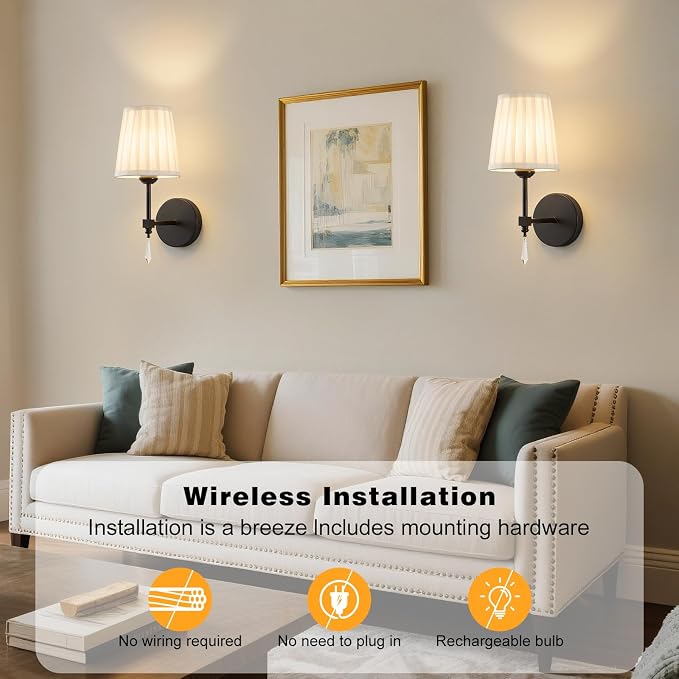 Black Battery Operated Wall Sconce,10000 Mah Rechargeable Wall Sconces set of 2 With Remote,3CCT and 12 RGB Sconces Battery Operated Dimmable,Fabric Sconces Wall Decor Set of 2 for Bedroom,Living Room