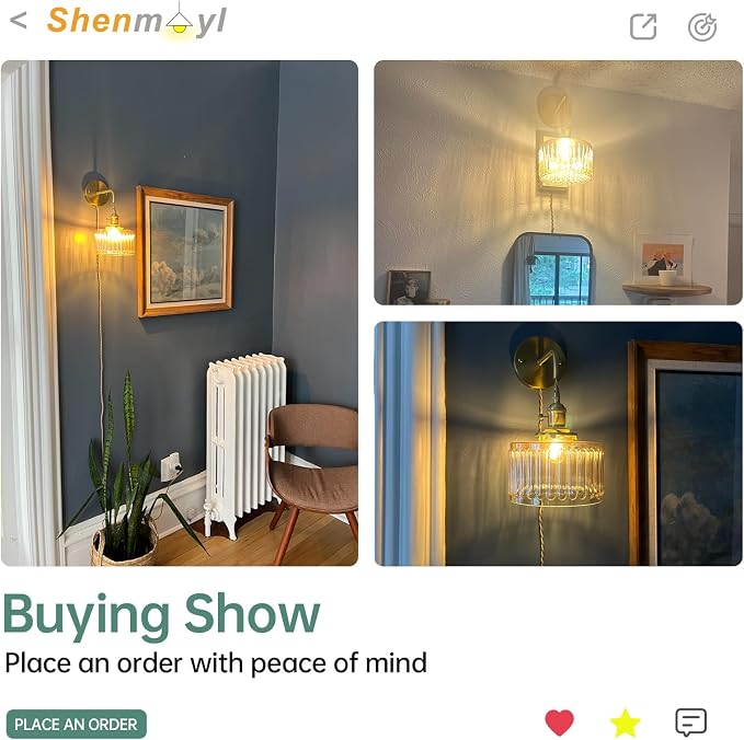 Shenmoyl Vintage Wall Sconce with Amber Striped Glass Shade Hanging Wall Sconce with 4.9FT Plug in Cord, Modern Wall Lamp Fixtures Decor for Bedside Bedroom Indoor Doorway, Set of 2