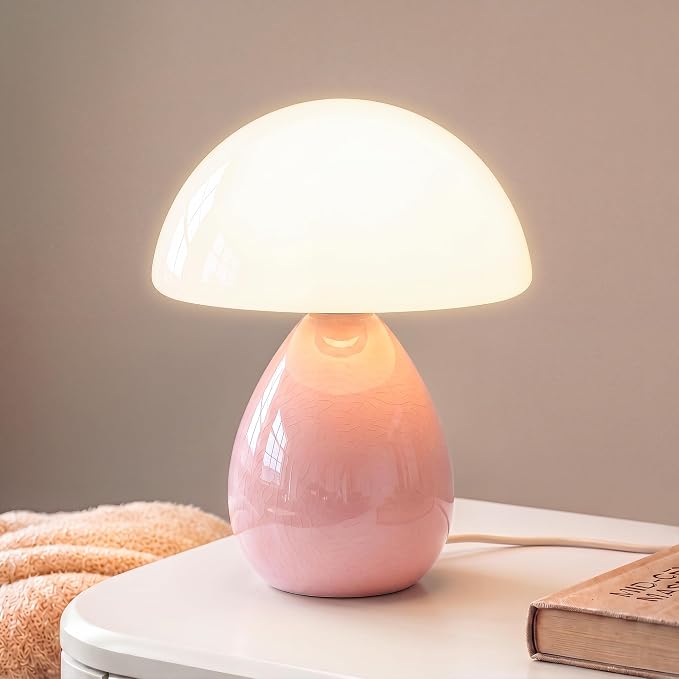 Mushroom Lamp Table Lamp for Bedroom,Ice Crackle Desk Lamp Bedside Small Lamps for Living Room Night Stands,Table Lamps Cute Modern Mid Century Lamps (Pink-Ice Crackle)