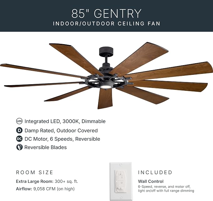 Kichler Gentry XL 85" Ceiling Fan with LED Light, Distressed Black | 9-blade industrial fan with dimmable LED light and DC motor for large indoor spaces, 300285DBK