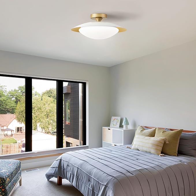 Dimmable Modern Mid-Century LED Ceiling Light, White and Gold, 15.7 Inch | Semi Flush Mount Ceiling Light, 5CCT 2700K-6000K Lighting Fixtures with Glass Shade for Bedroom Kitchen Living Room