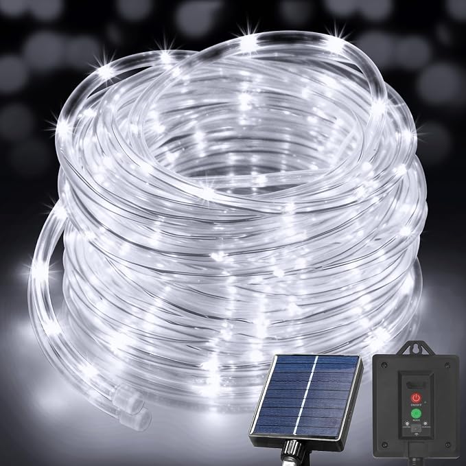KNONEW Solar Rope Lights Outdoor 300LED 50FT Solar String Lights Outside Waterproof with Modes Clear Thin Tube for Pool Tree Patio Garden Fence Camping Yard Deck Trampoline（Cool White）