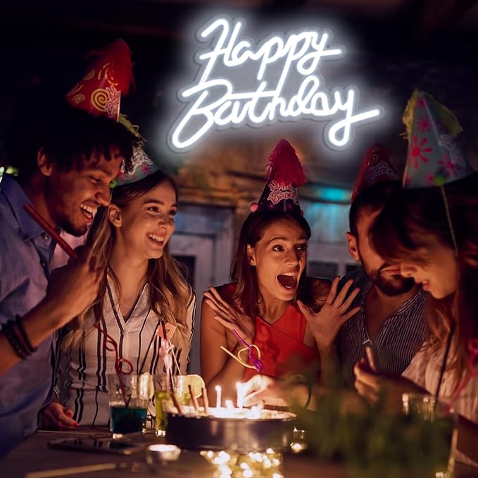 Happy Birthday Neon Sign for Wall Party Decor, LED Happy Birthday Light up Sign for Backdrop, 16"x 11" USB Powered 10 Brightness Settings Light up Signs Party Decorations Backdrop, Cool White