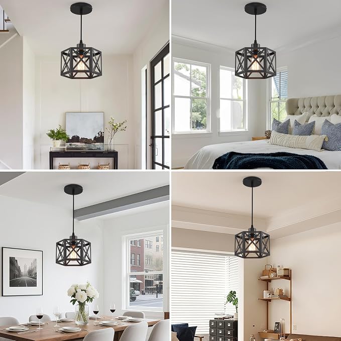 Farmhouse Pendant Light Fixture, Black Pendant Lights for Kitchen Island Industrial Lantern Pendant Light Fixtures with Light Shade, Adjustable Height Hanging Pendant Lighting
