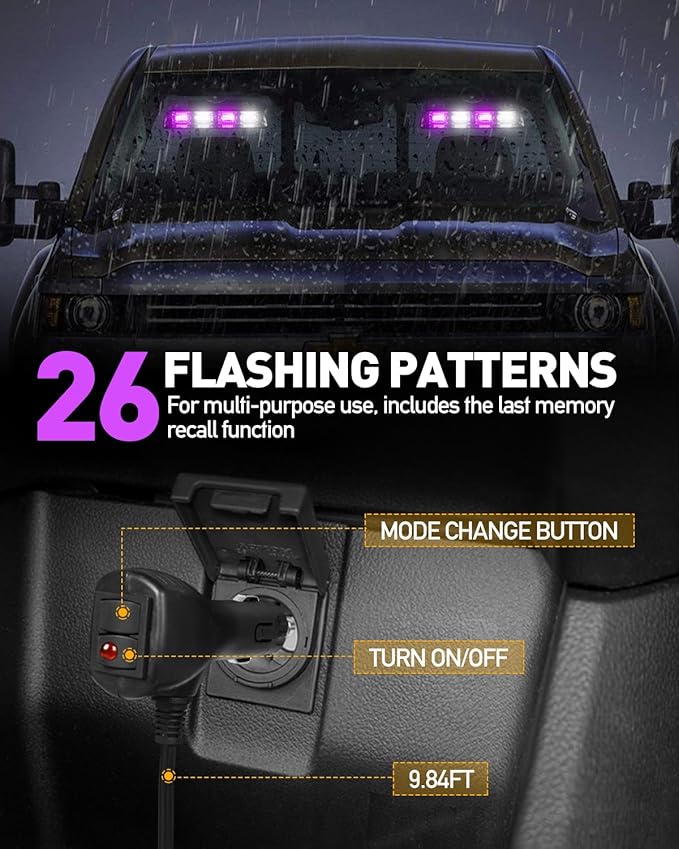 HLauto 2002L Emergency Dash Strobe Lights: Purple White Safety Lights, Flashing Warning Hazard Windshield Visor Traffic Light Bars for Trucks, Construction Vehicles (2x8.5 inch, 48LED)