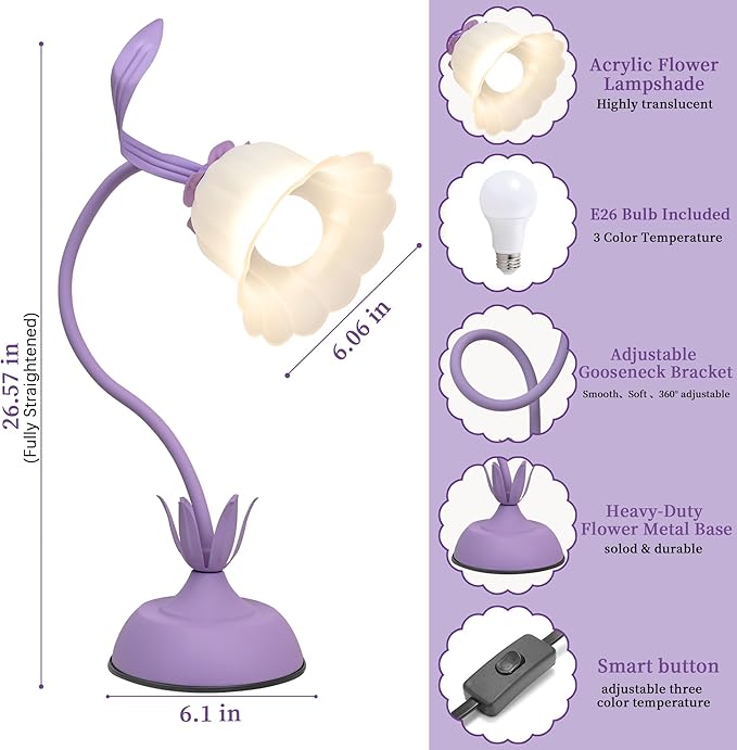 Vintage Flower Table Lamp, 3 Color Temperature Flexible Gooseneck Cute Small Desk Lamp for Bedroom, Kawaii Nightstand Bedside Lamps for Living Room, Dorm, Office, Home Decor (Purple)