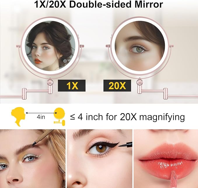 9" Wall Mounted Lighted Makeup Mirror,4000mAh Rechargeable Double Sided 1X/20X Magnifying Mirror with Light,Touch Dimmable,Extended Arm 360 Rotation Wall Mounted Makeup Mirror 3 Color Lights-Gold