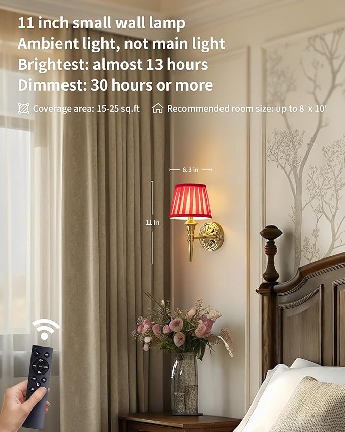 KDG Cordless Wall Sconces Set of 2, Small Wireless 5200mAh Rechargeable Battery Fabric LED Wall Lamps, Portables Lightings for Wall Painting, Living Room, Bedroom, Hallway, Gifts, Night Light (Red)