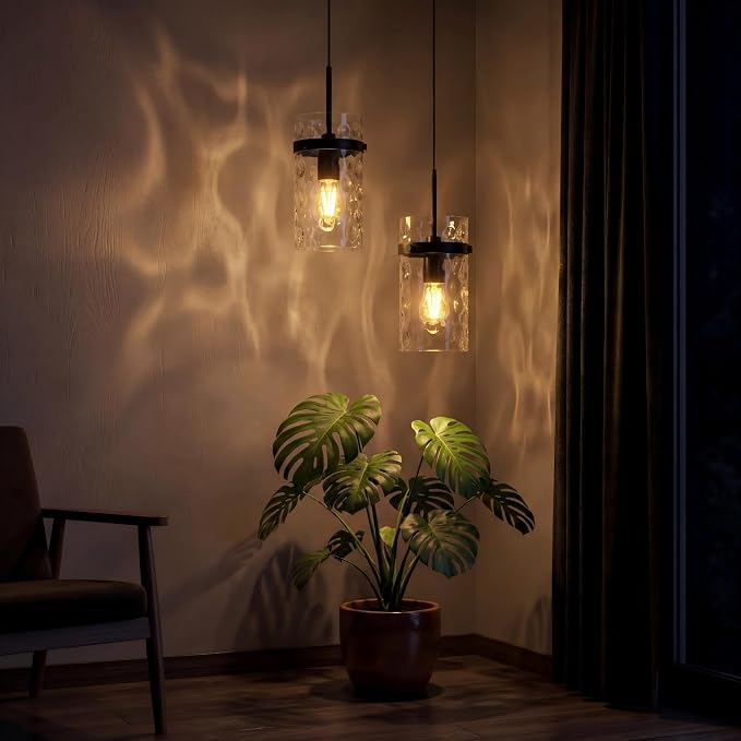 Modern Clear Wavy Glass Pendant Light 1 Pack - Thick Glass Adjustable E26 Hanging Lamp with Elegant Warm Glow for Kitchen Island, Dining Room & Hallway