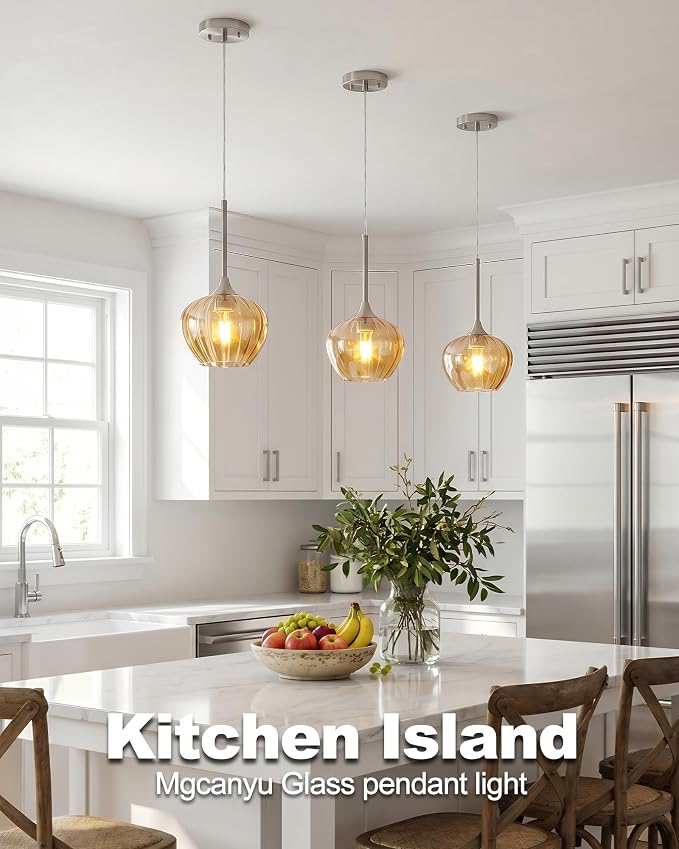 Amber Pendant Lights Kitchen Island, 7.7" Modern Glass Adjustable Pendant Lighting Brushed Nickel Hanging Light Fixtures for Kitchen, Dining Room, Sink, Bathroom
