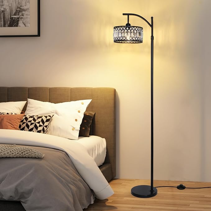 Crystal Floor Lamps for Living Room, Modern Arc Floor Lamp, Black Standing Lamp with Edison Bulb, Height Adjustable Tall Lamp for Bedroom, Corner Stand Up Lamp for Office, Arched Reading Light
