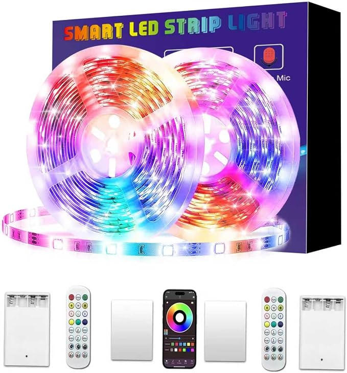 2x16.4Ft (32.8Ft) Battery Powered Led Strip Lights Two Sets of Strip Light | 4 AA Battery Box/USB RGB LED Lights, Remote and APP Control