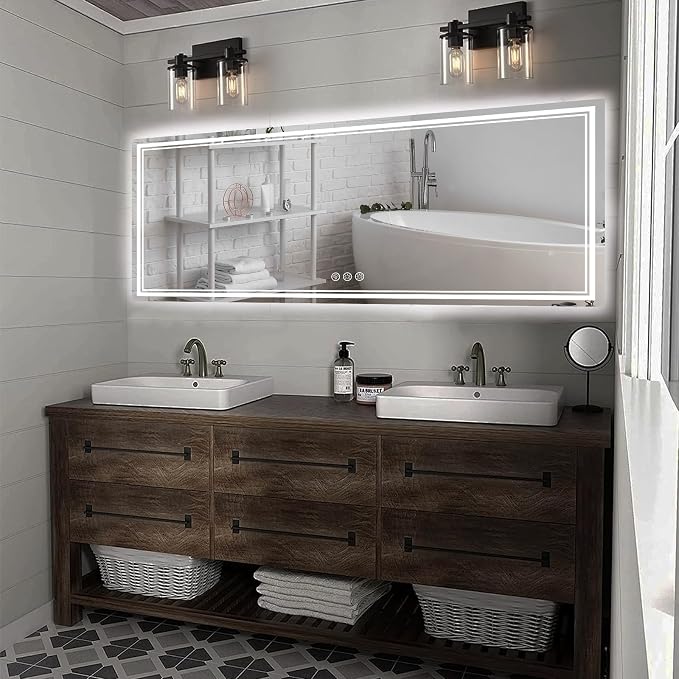 Ratsamee 84x40 Inch LED Bathroom Mirror with Frontlit & Backlit, Lighted Mirror for Bathroom Wall with 3-Color Dimmable & Anti-Fog, Vanity Mirror with Lights