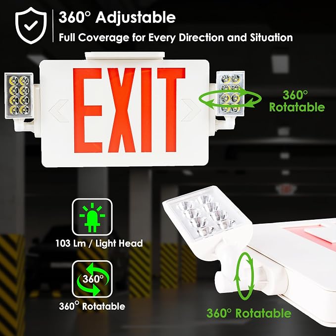 Gruenlich Exit Sign with Emergency Light, Double Face, Battery Backup | Hardwired LED Combo Exit Light for Bussiness, Two Bright and Adjustable Heads, Red, UL 924 and CEC, 120-277 Voltage, 12 Pack
