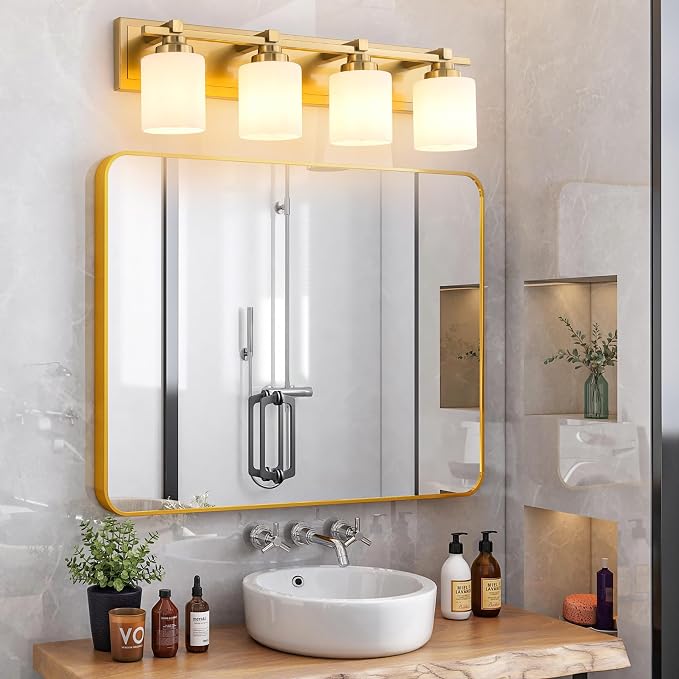Modern Bathroom Light Fixtures Over Mirror, Vanity Lights for Bathroom Wall Sconces with Milky White Glass Shades, E26 Socket (Bulbs Not Included), 4 Light, Brass