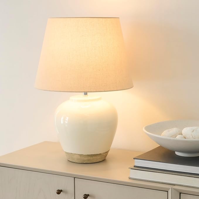 Nourison Home 20" Two-Tone White and Tan Glossy Ceramic Table Lamp, Bedside Nightstand Lamp with Warm Beige Shade for Bedroom, Living Room, Entryway