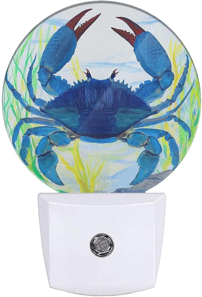 Blue Crab Night Light Shellfish Sea Grass Night Lights Plug into Wall 0.5W LED Lighting Auto on/Off for Hallway Stairway Kitchen Home Decor