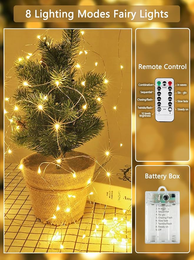Fairy Lights Battery Operated 80 LED 26FT Remote Twinkle Lights Warm White | 8 Modes, Timer, Waterproof & Cuttable Wire, Battery String Lights for Outdoor Indoor Fireplace Window Cabinet Christmas Décor
