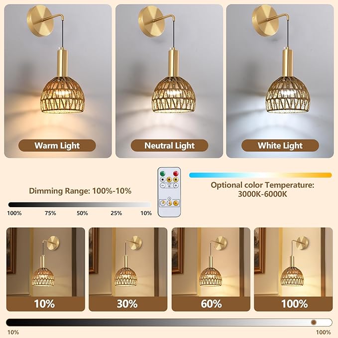 Boho Battery Operated Wall Sconce, Wireless Sconces Set of 2 with Remote, Rattan Upgrade Rechargeable Wall Sconces Set of Two for Bedroom, Living Room, Entryway, 3 Colors Dimmable (Gold)