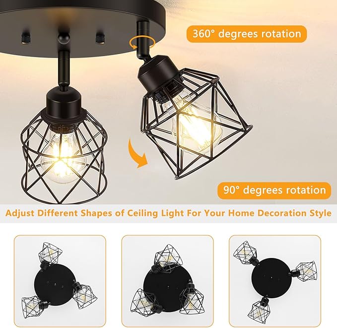 3-Light Kitchen Flush Mount Ceiling Light, Adjustable Multi-Directional Ceiling Light Fixture, Farmhouse Black Metal Cage Close to Ceiling Lamp for Dining Room Bedroom Hallway