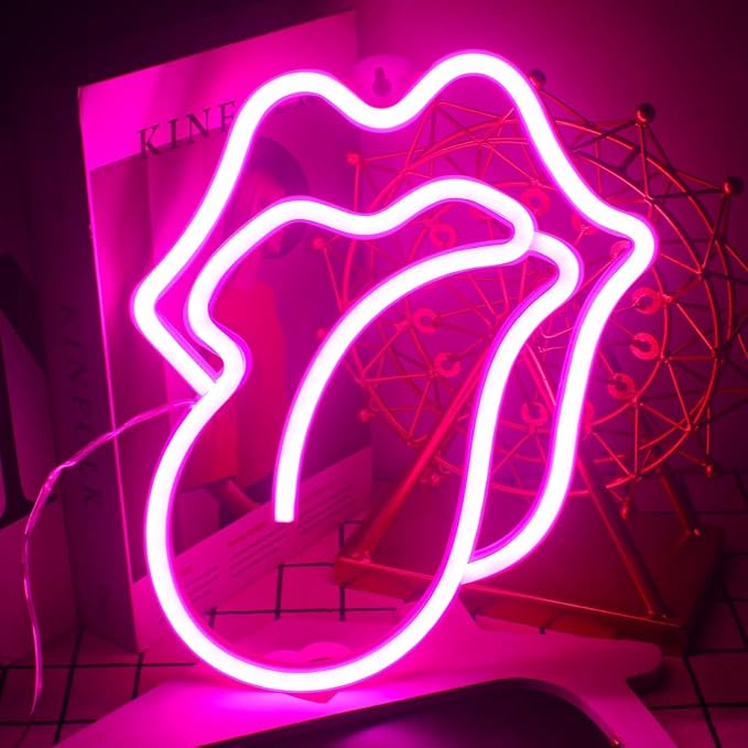 Lips Neon Sign LED Pink Lips Big Tongue Shaped Neon Signs for Wall Decor USB Neon Light Signs for Bedroom Bar Pub Hotel Christmas Wedding Party