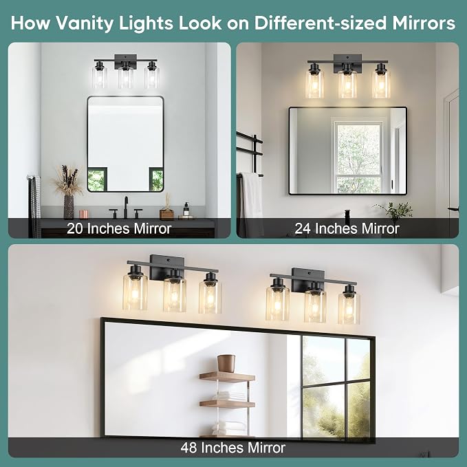 Ascher Bathroom Light Fixtures, 3-Light Vanity Light Over Mirror, Matte Black Wall Sconces with Clear Glass Shades, Wall Lamp for Living Room Bedroom, E26 Base(Bulbs Not Included)