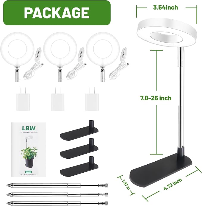 LBW Grow Lights for Indoor Plants, Full Spectrum Halo Grow Light with Base | 48 LED Plant Light for Small Plant, Base/Soil Stake, 7.8-26" Adjustable, 6/8/12/16H Timer, 3 Color Mode, 5 Brightness, 3 pack