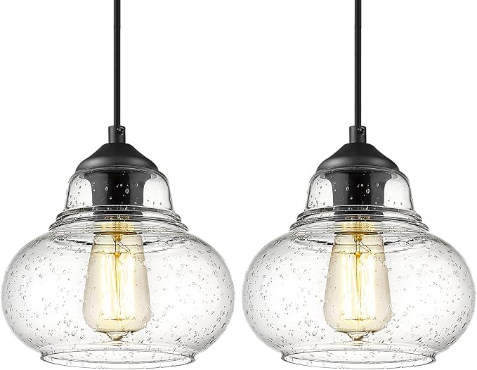 ELYONA 2 Pack Bubble Glass Pendant Light 8 inch Industrial Kitchen Hanging Pendant Light Fxitures Modern Hand Blown Seeded Glass for Farmhouse Dining Room Bar Bedroom Living Room Black
