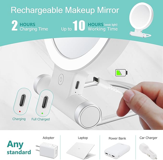 Magnifying Travel Makeup Mirror with Lights, Double-Sided 1X/30X Magnifying Mirror, 3 Color Lighting & Brightness Adjustable, Portable &Foldable Handheld Mirror with Lights(9" L x 7" W)