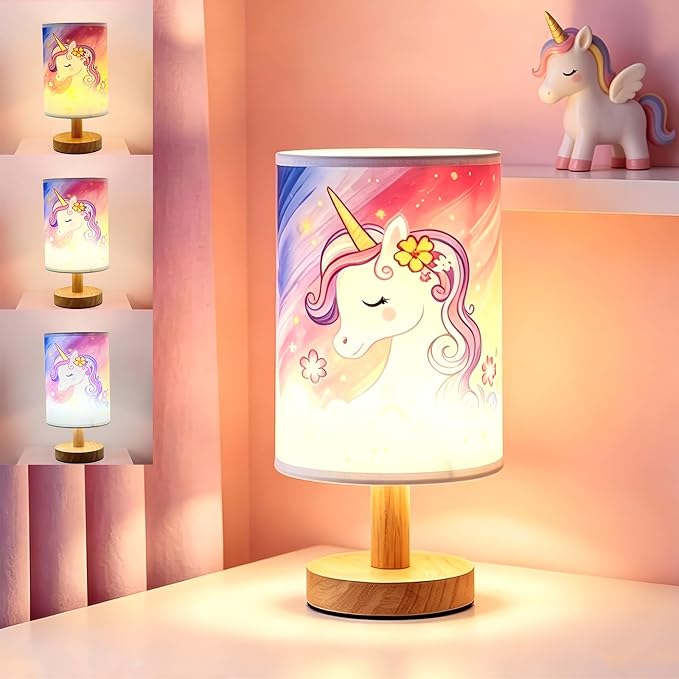 Unicorn Kids Bedside Table Lamp for Girls Bedroom 3 Color Dimmable Eye Caring LED Nightstand Lamp,Kids Night Light with LED Bulb,Cute Unicorn Room Decor Desk Lamp,Perfect Birthday Gifts for Girls