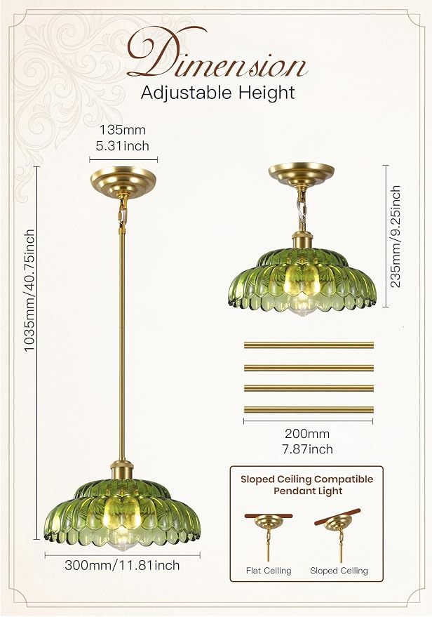 Gold Pendant Light with Glass Shade, Vintage Floral Glass Pendant Lamp for Kitchen Island, Adjustable Hanging Rods Sloped Ceiling Compatible, Living Room Bedroom Hotel-Green