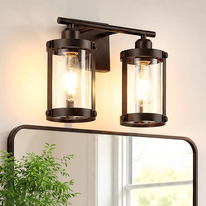2-Light Oil Rubbed Bronze Bathroom Light Fixtures, 13.8 Inch Modern Bathroom Vanity Lighting Fixtures Over Mirror with Clear Glass and Metal Cage Wall Sconce Lights for Bath, OS-3014ORB-2W