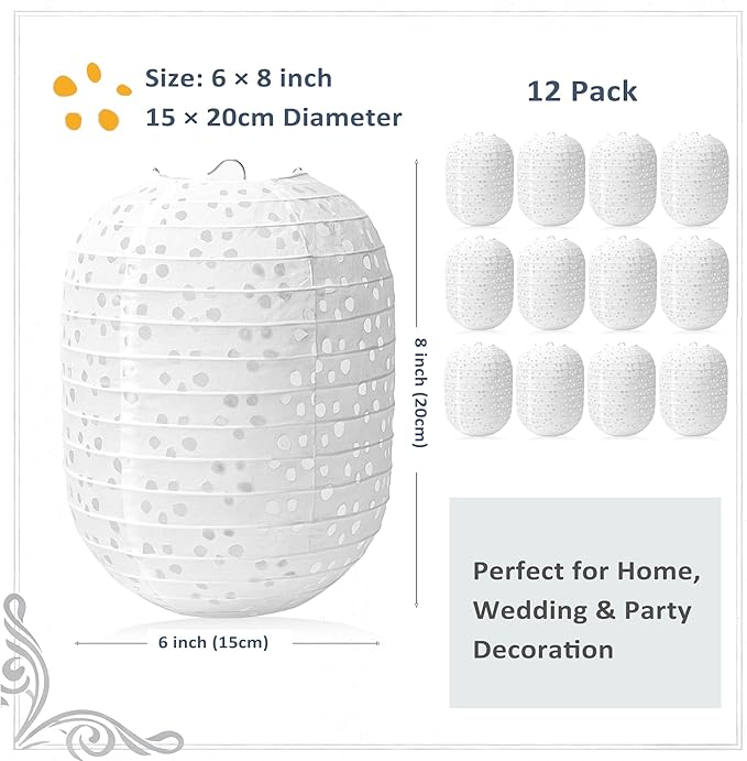 12Pack White Paper Lanterns Decorative Chinese Japanese Hanging Paper Lanterns Party Decorations 6.3Inch Oval Hollow Lamps for Valentines Wedding Anniversary Baby Shower Outdoor Indoor Birthday Decor