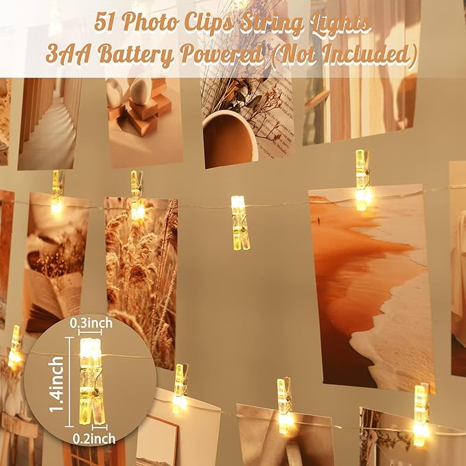 Photo Clips String Light,17FT Fairy Lights with 51 Clips, Battery Operated String Lights with Clips for Pictures, Room Decorations for Dorm Wall Bedroom Wedding Christmas Tree(Multi-Color)