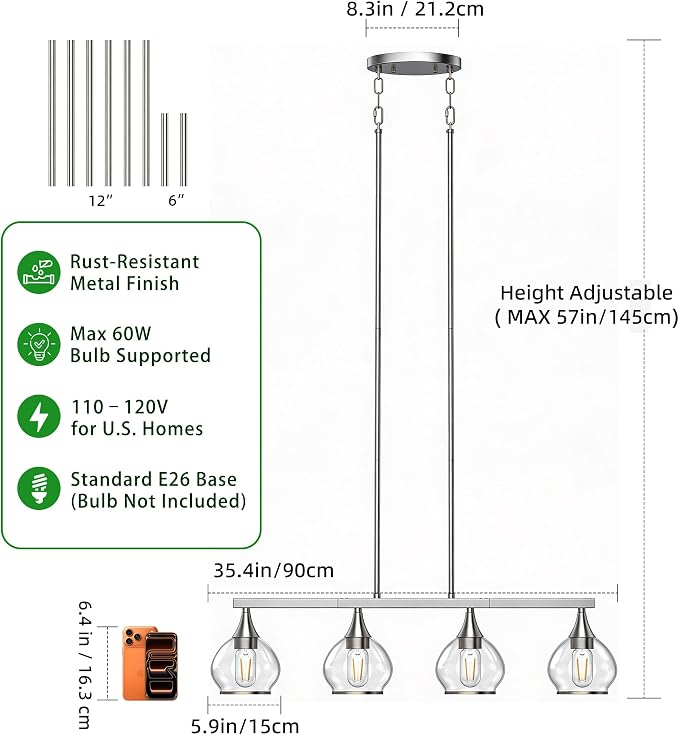 Kitchen Island Linear Pendant Light, 4-Light Brushed Nickeld Dining Room Chandelier with Clear Glass Globe Shades, Modern Linear Lighting Fixture Over Table