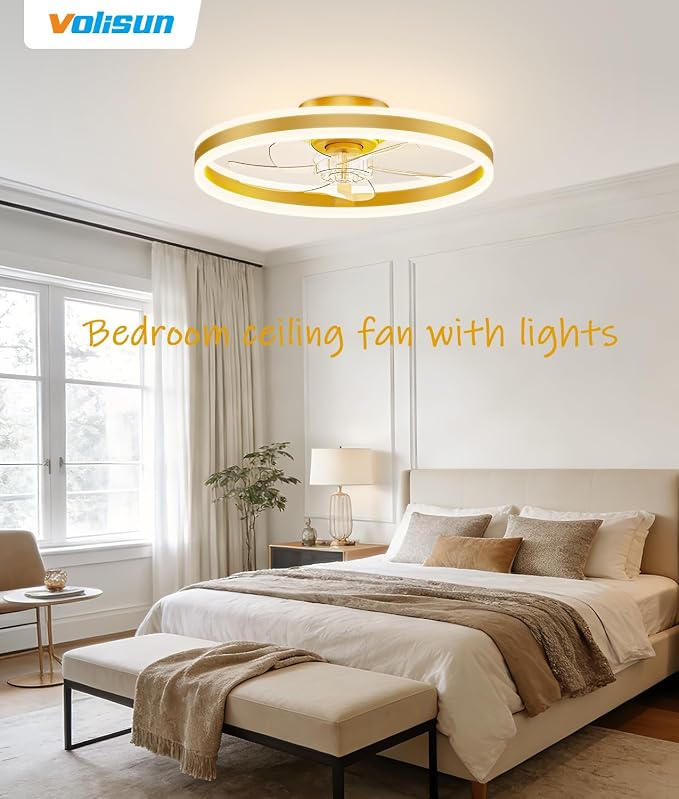 VOLISUN Low Profile Ceiling Fans with Lights and Remote, 20in Flush Mount Ceiling Fans with Light, 3000K-6500K Dimmable Fandelier LED Fan Light, Gold Bladeless Ceiling Fans with Lights for Bedroom