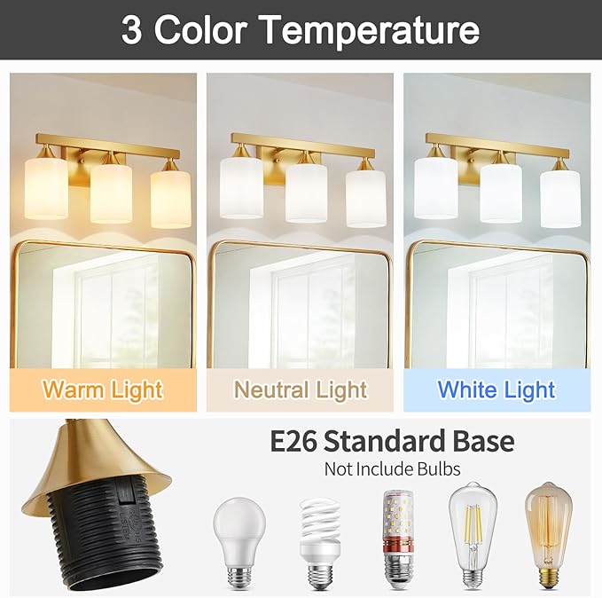 ZHU YAN Bathroom Vanity Lights Over Mirror,Gold Bathroom Light Fixtures 3 Lights，Modern Wall Sconces Milky White Glass Shades for Mirror Living Room Bedroom Standard E26 Base