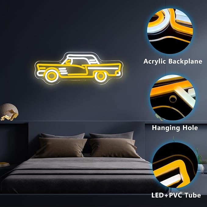 Vintage Sports Car Neon Sign, Cool Dimmable LED Retro Yellow Sports Car Shape Neon Sign, USB Powered Car Sign for Garage Bar Party Boys Room Game Room Man Den Bedroom Birthday Gift(15.7 * 6in)