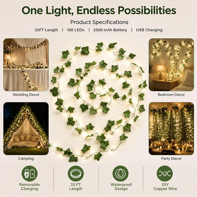Ivy Vine Fairy Lights 2500mAh Rechargeable Battery, Warm White | 33FT 100LED with Remote Control, Timer & 8 Modes, Waterproof for Bedroom Dorm Wedding Party Christmas Indoor Outdoor Decor