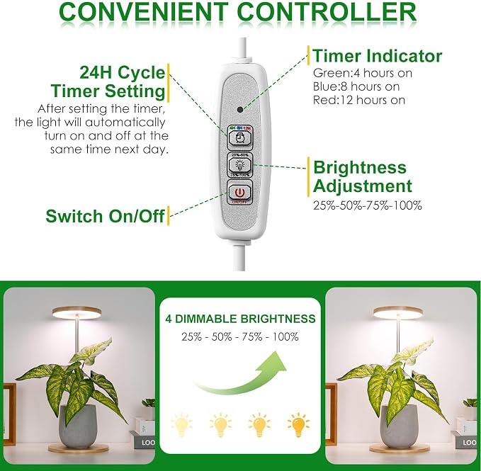 LORDEM Grow Lights for Indoor Plants with Base, Bamboo Design, Timer | 72 LEDs Full Spectrum Plant Lights, 4 Brightness Levels, Adjustable Height up to 26 in, 4/8/12H Auto Timer