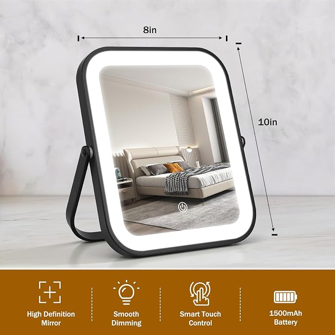 Rechargeable Vanity Mirror with Lights, 10"×8" Makeup Mirror with Lights, 1500mAH Battery, Smart Touch with 3-Color Lighting, Dimmable, HD Desk Mirror, Travel Essentials, Women Gift (Black)