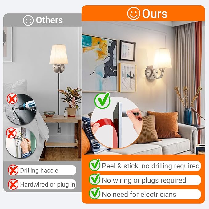 YHCDLAMP Peel and Stick Wall Sconces, No Drilling Stick On Wall Sconce, Wireless Battery Operated Wall Lights, Adhesive Wall Lamp with 10000mAh Battery Bulb for Bedroom Living Room Decor