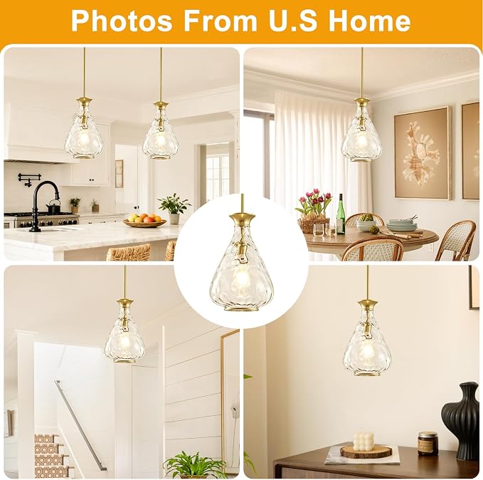 2 Pack Modern Pendant Lights Kitchen Island, Brushed Gold Pendant Light Fixtures with 8.5" Clear Hammered Glass Shade, Industrial Hanging Pendant Lights Fixture for Kitchen Island Dining Room Entryway